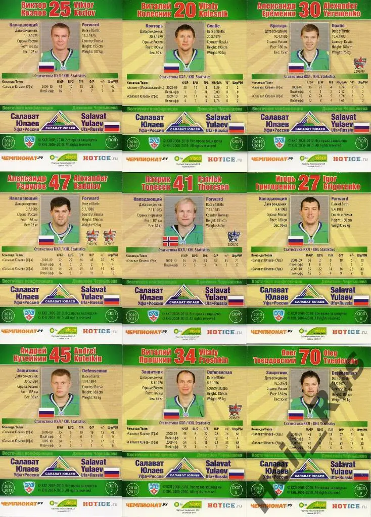 Хоккей. Салават Юлаев Уфа 24 карточки 2010/11 SeReal КХЛ (Козлов, Радулов и др.) 1