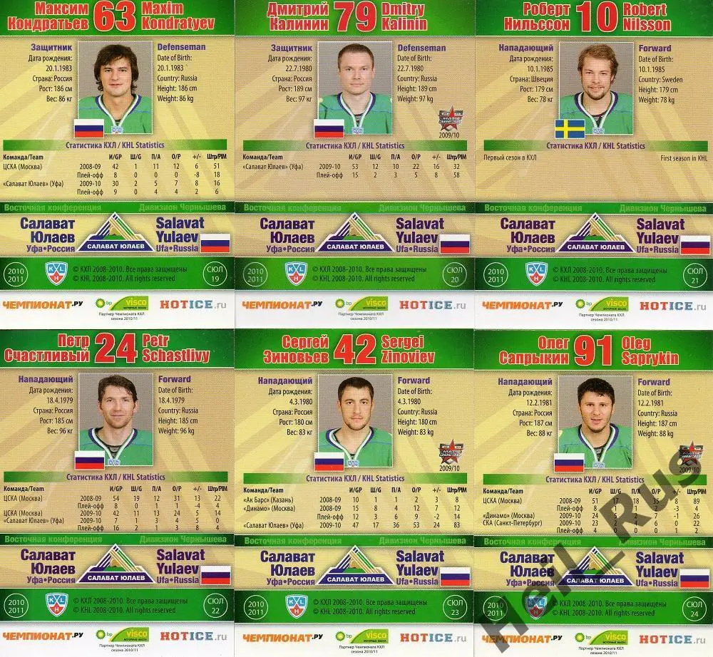 Хоккей. Салават Юлаев Уфа 24 карточки 2010/11 SeReal КХЛ (Козлов, Радулов и др.) 5