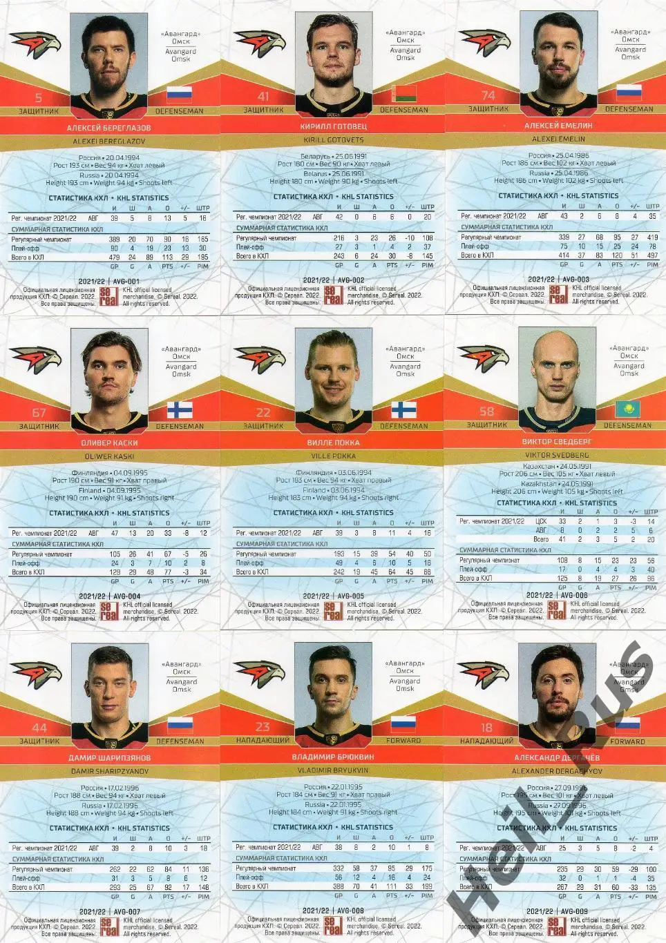 Хоккей. Авангард Омск 20 карточек КХЛ сезон 2021/22 Прохоркин, Сошников, Телегин 1
