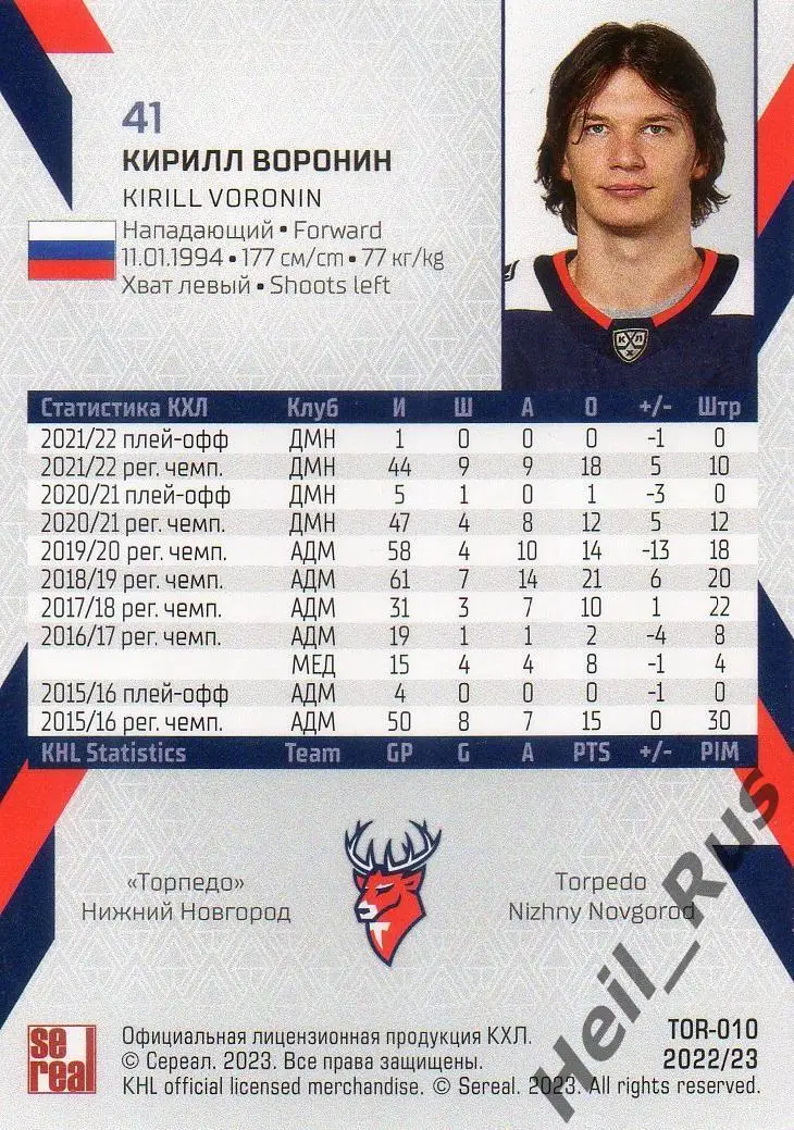 Хоккей. Карточка Кирилл Воронин Торпедо Нижний Новгород КХЛ сезон 2022/23 SeReal 1