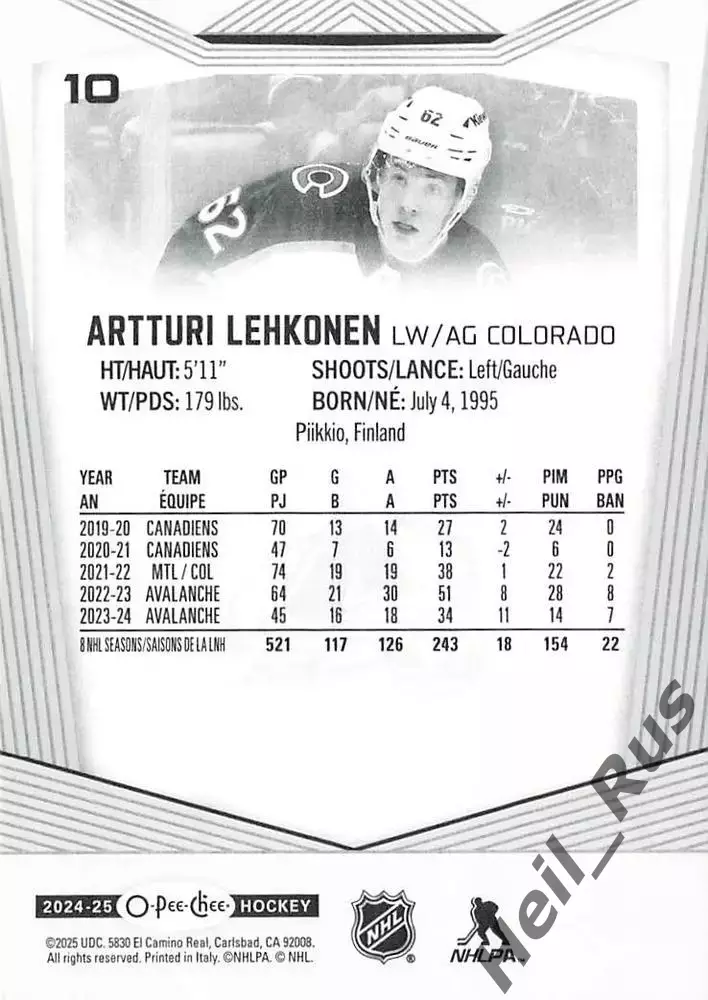 Карточка Artturi Lehkonen/Арттури Лехконен (Colorado Avalanche/Колорадо) НХЛ/NHL 1