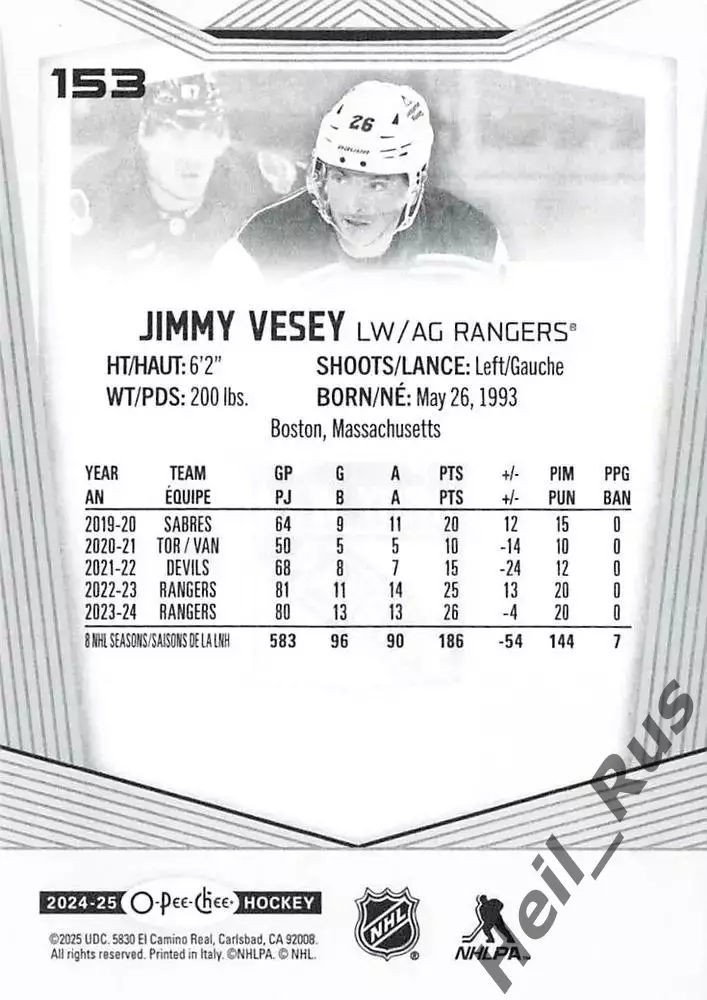 Карточка Jimmy Vesey / Джимми Веси (New York Rangers/Нью-Йорк Рейнджерс) НХЛ/NHL 1