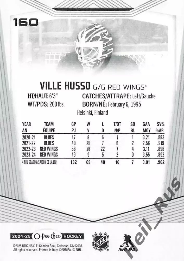 Карточка Ville Husso/Вилле Хуссо (Detroit Red Wings/Детройт Ред Уингз) НХЛ/NHL 1