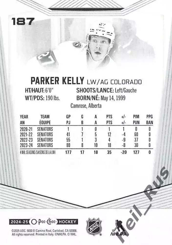 Карточка Parker Kelly/Паркер Келли (Оттава Сенаторз/Колорадо Эвеланш) НХЛ/NHL 1