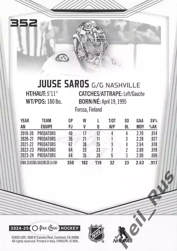 Хоккей. Карточка Juuse Saros/Юусе Сарос (Nashville Predators/Нэшвилл) НХЛ / NHL 1