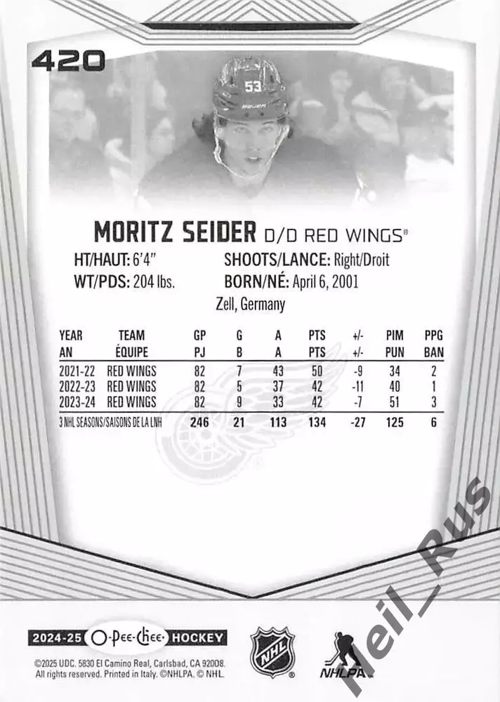 Карточка Moritz Seider/Мориц Зайдер Detroit Red Wings/Детройт Ред Уингз НХЛ/NHL 1