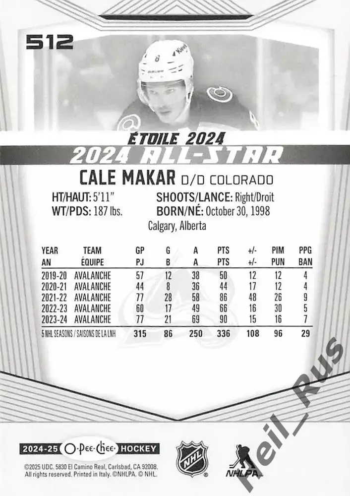 Карточка Cale Makar/Кейл Макар (Colorado Avalanche/Колорадо Эвеланш) НХЛ/NHL 1
