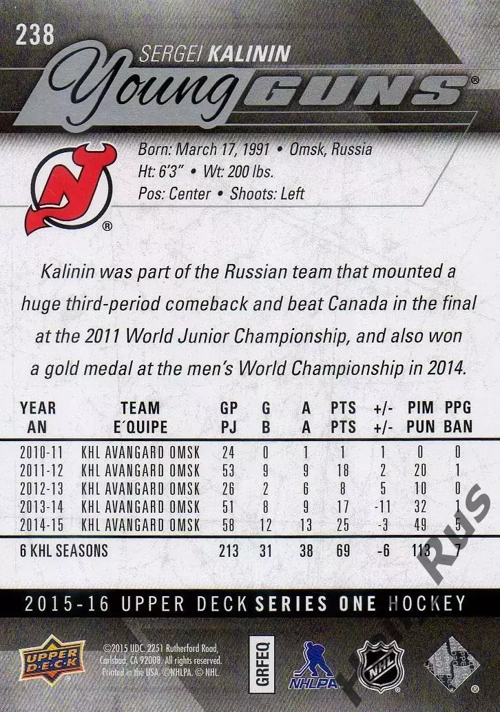Карточка Сергей Калинин Нью-Джерси Девилз, Авангард/СКА/ЦСКА/Трактор НХЛ/NHL/КХЛ 1