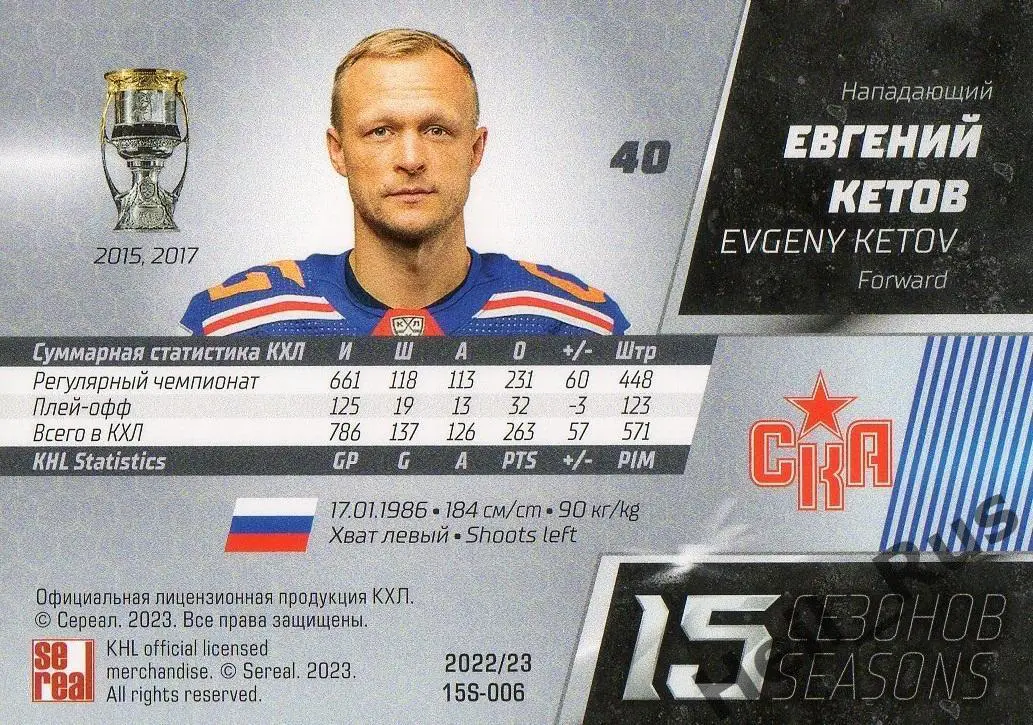 Хоккей Карточка Евгений Кетов (СКА Санкт-Петербург) КХЛ/KHL сезон 2022/23 SeReal 1