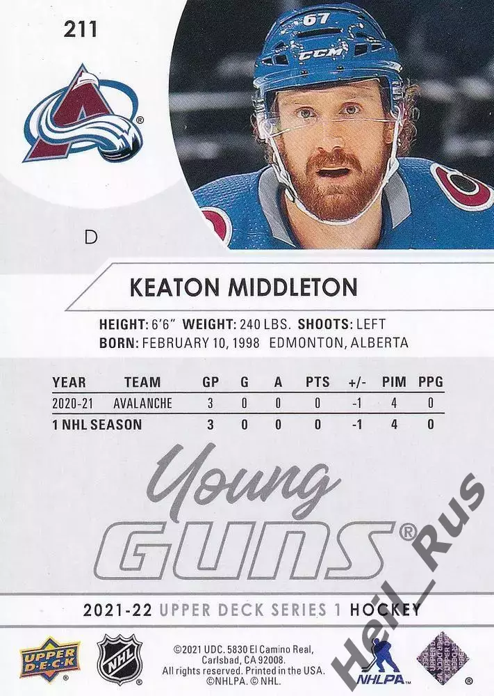 Карточка Middleton/Китон Миддлтон (Colorado Avalanche/Колорадо Эвеланш) НХЛ/NHL 1