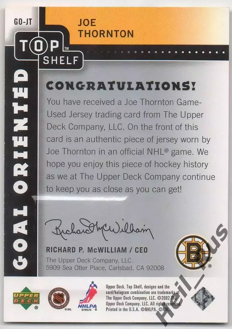 Хоккей; Карточка Joe Thornton/Джо Торнтон (Boston Bruins/Бостон Брюинз) НХЛ/NHL 1