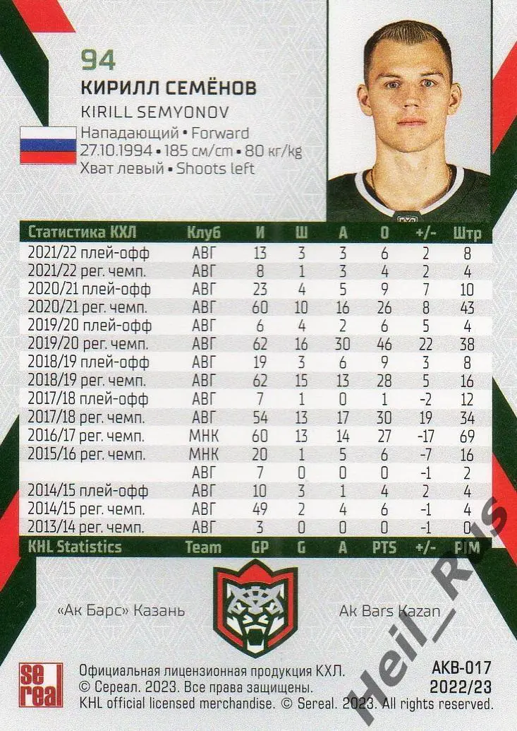 Хоккей. Карточка Кирилл Семенов (Ак Барс Казань) КХЛ/KHL сезон 2022/23 SeReal 1