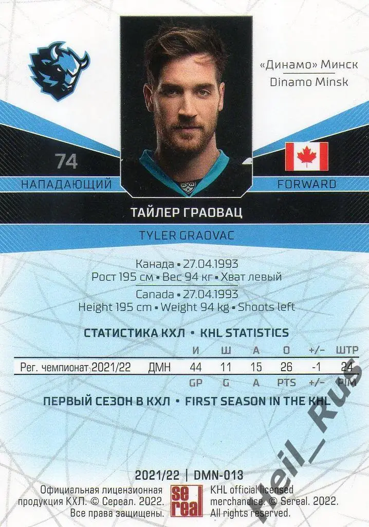 Хоккей. Карточка Тайлер Граовац (Динамо Минск) КХЛ/KHL сезон 2021/22 SeReal 1