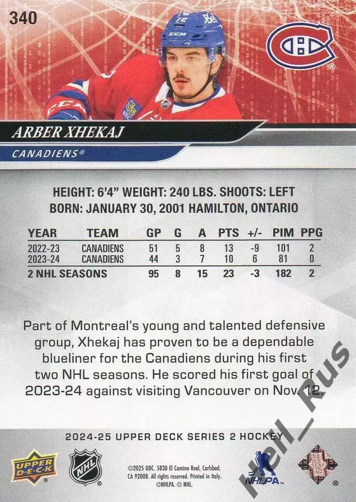 Хоккей. Карточка Arber Xhekaj/Арбер Джекай (Montreal Canadiens/Монреаль) НХЛ/NHL 1