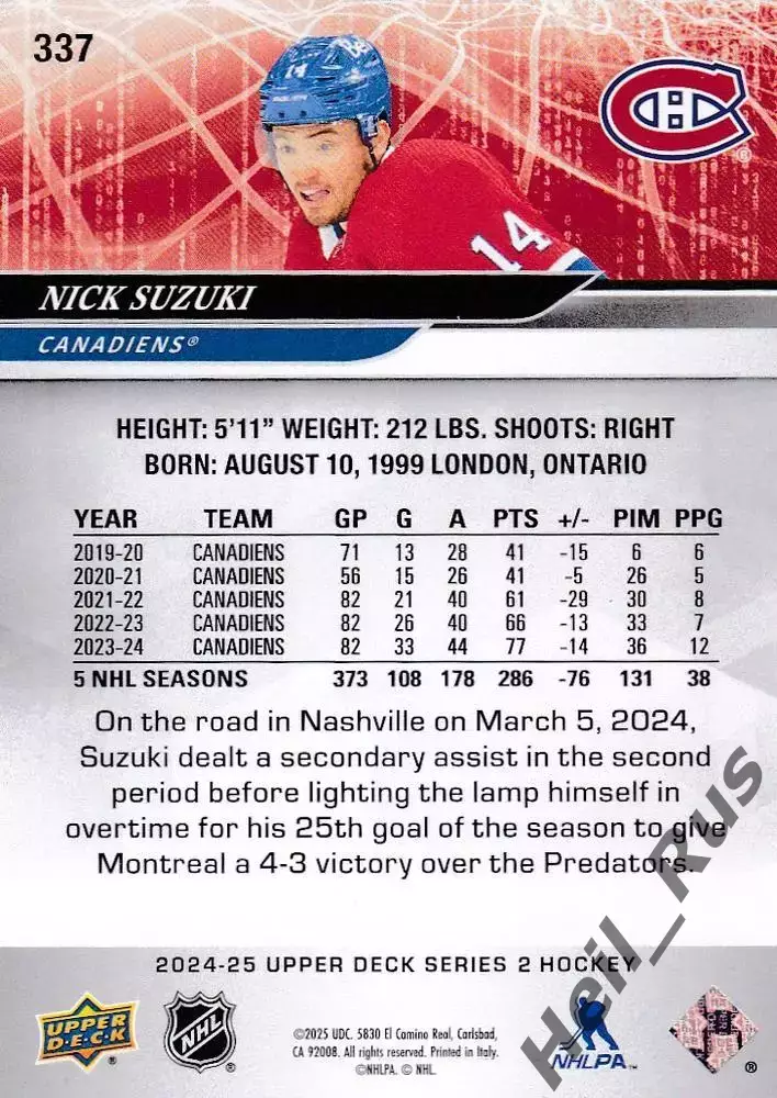 Хоккей. Карточка Nick Suzuki/Ник Сузуки (Montreal Canadiens/Монреаль) НХЛ / NHL 1