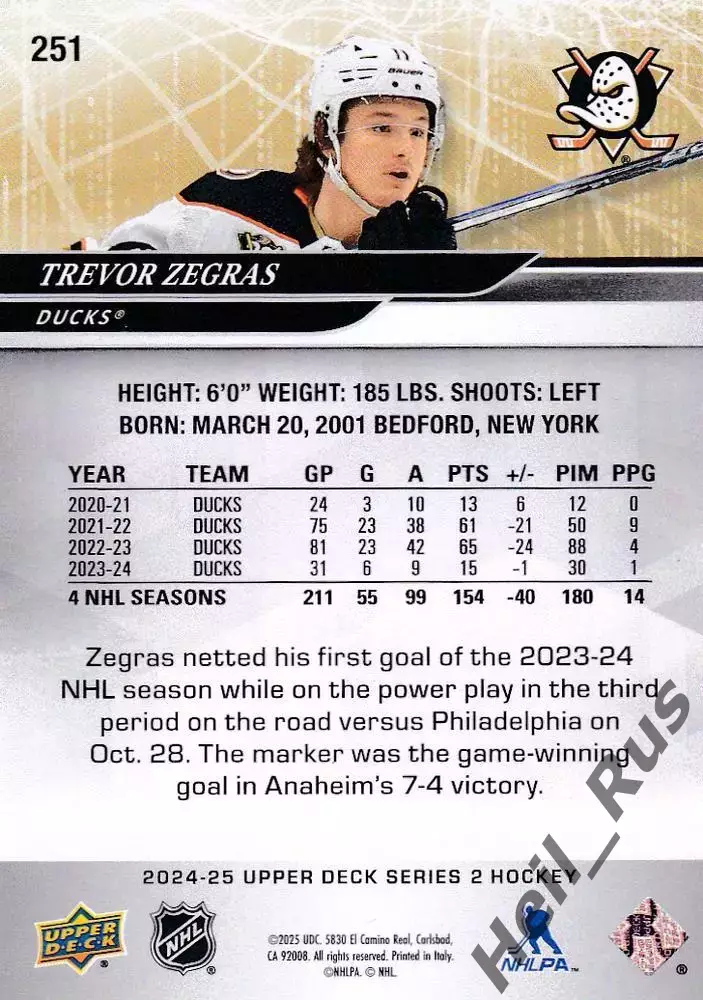 Хоккей Карточка Trevor Zegras/Тревор Зеграс Anaheim Ducks/Анахайм Дакс НХЛ/NHL 1