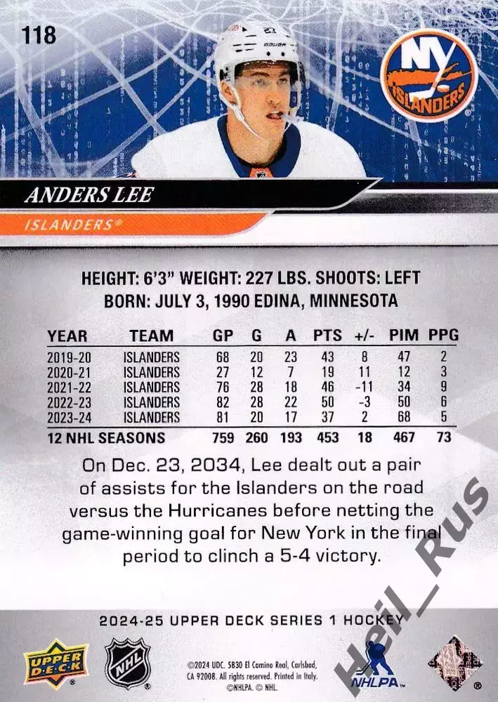 Карточка Anders Lee / Андерс Ли (New York Islanders/Нью-Йорк Айлендерс) NHL/НХЛ 1