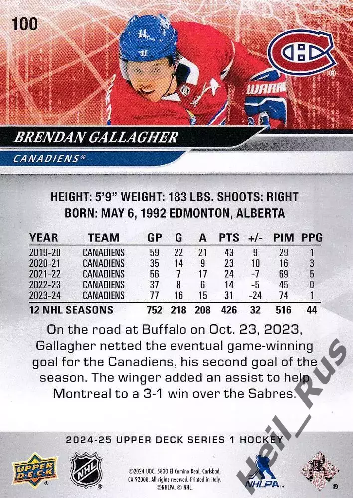 Карточка Brendan Gallagher/Брендан Галлахер Montreal Canadiens/Монреаль NHL НХЛ 1