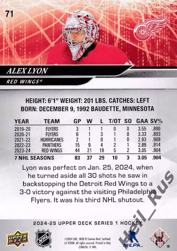 Карточка Alex Lyon/Алекс Лайон (Detroit Red Wings/Детройт Ред Уингз) НХЛ/NHL 1