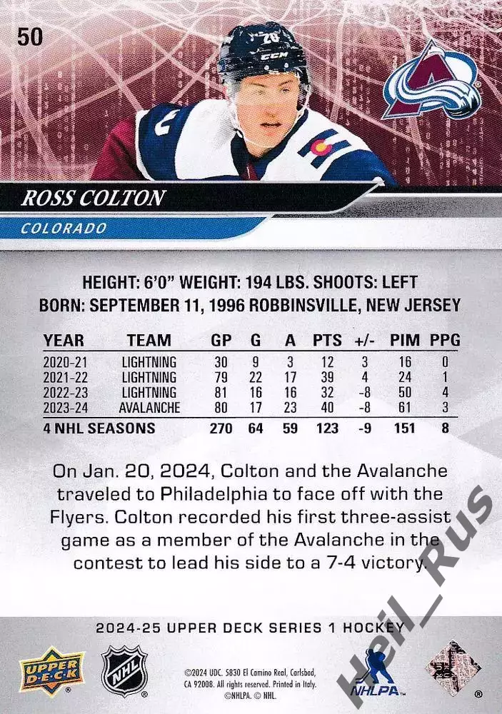 Карточка Ross Colton/Росс Колтон (Colorado Avalanche/Колорадо Эвеланш) НХЛ/NHL 1