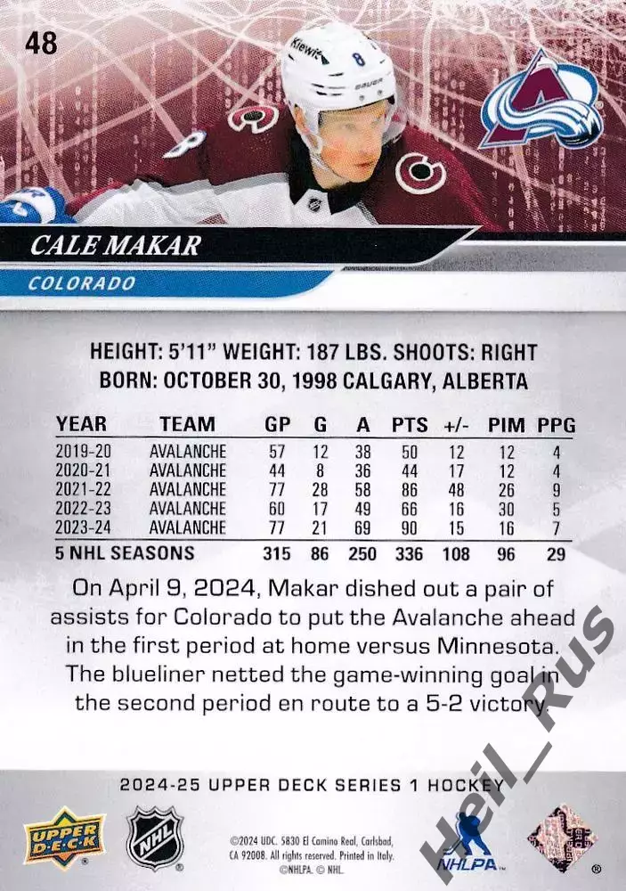 Карточка Cale Makar / Кейл Макар (Colorado Avalanche/Колорадо Эвеланш) НХЛ/NHL 1