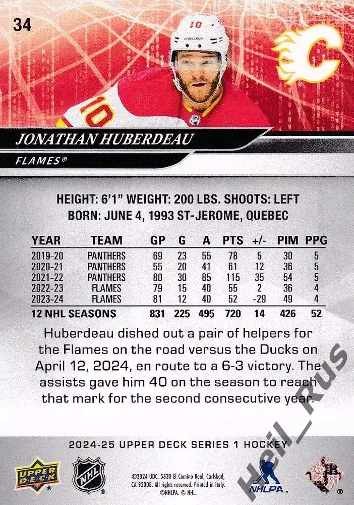 Карточка Jonathan Huberdeau/Джонатан Юбердо (Calgary Flames / Калгари) НХЛ/NHL 1