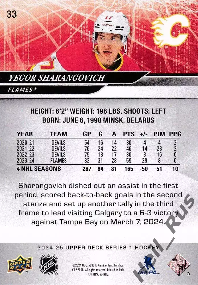 Карточка Егор Шарангович Calgary Flames/Калгари Флэймз, Динамо Минск NHL/НХЛ/КХЛ 1