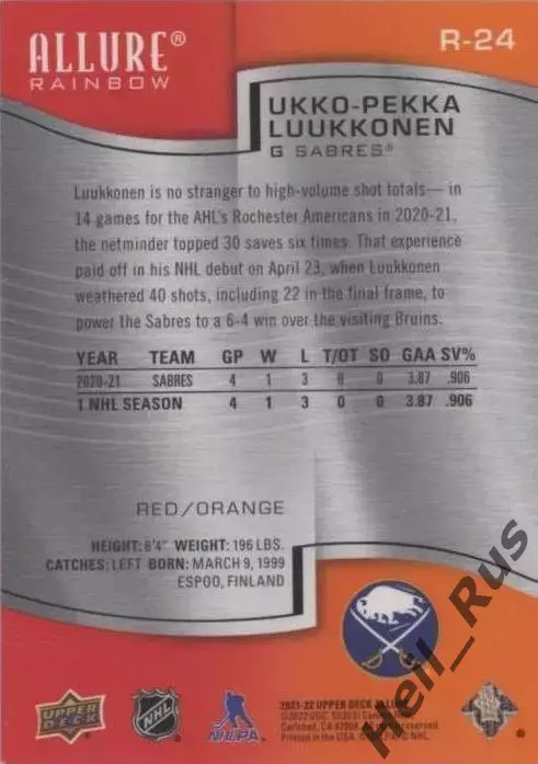Карточка Luukkonen/Укко-Пекка Луукконен (Buffalo Sabres/Баффало Сейбрз) NHL/НХЛ 1