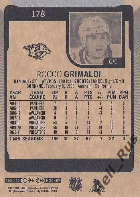 Карточка Рокко Гримальди Nashville Predators/Нэшвилл Предаторз, СКА НХЛ/NHL, КХЛ 1