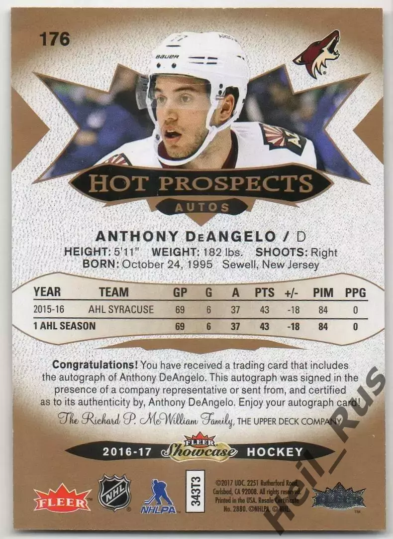 Карточка автограф Энтони Деанджело (Arizona Coyotes/Аризона, СКА) НХЛ/NHL, КХЛ 1