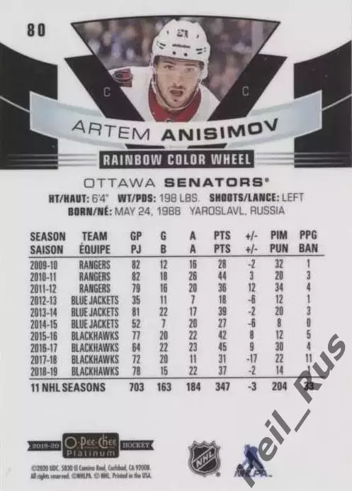Карточка Артем Анисимов Ottawa Senators/Оттава, Локомотив Ярославль NHL/НХЛ, КХЛ 1