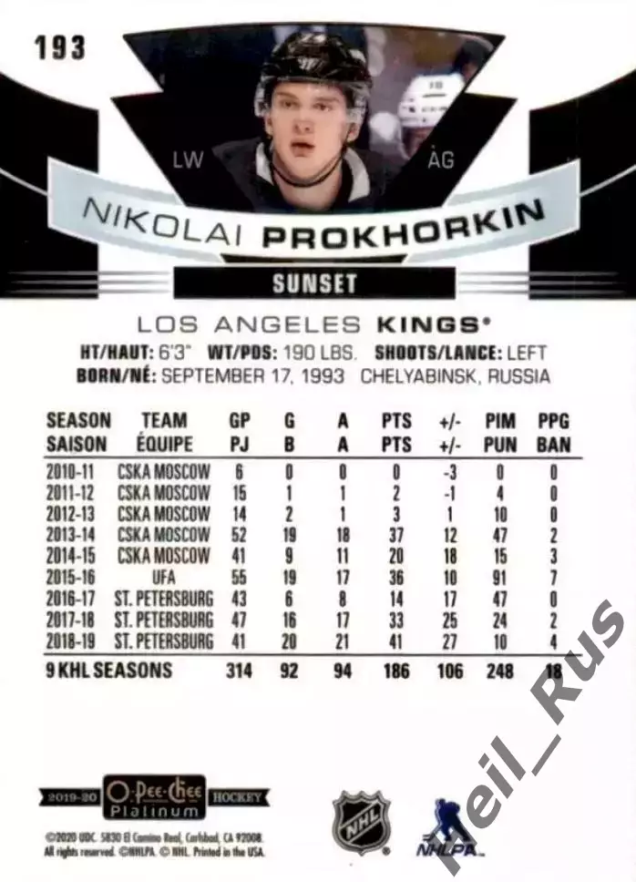 Карточка Николай Прохоркин Лос-Анджелес Кингз, ЦСКА/СКА/Сибирь/Авангард НХЛ, КХЛ 1