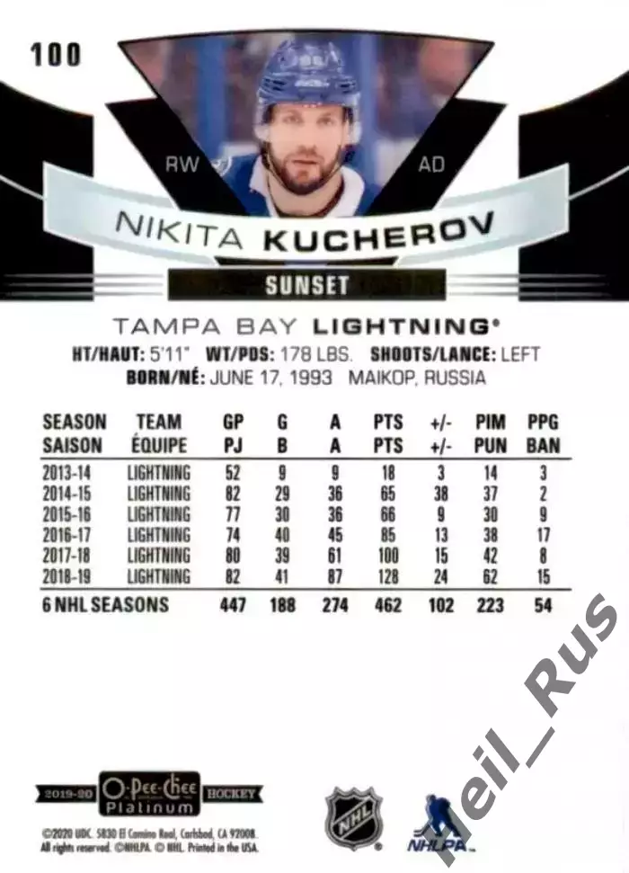 Карточка Никита Кучеров Tampa Bay Lightning/Тампа-Бэй Лайтнинг, ЦСКА НХЛ/NHL КХЛ 1