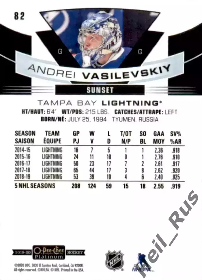 Карточка Андрей Василевский (Тампа-Бэй Лайтнинг, Салават Юлаев Уфа) НХЛ/NHL, КХЛ 1