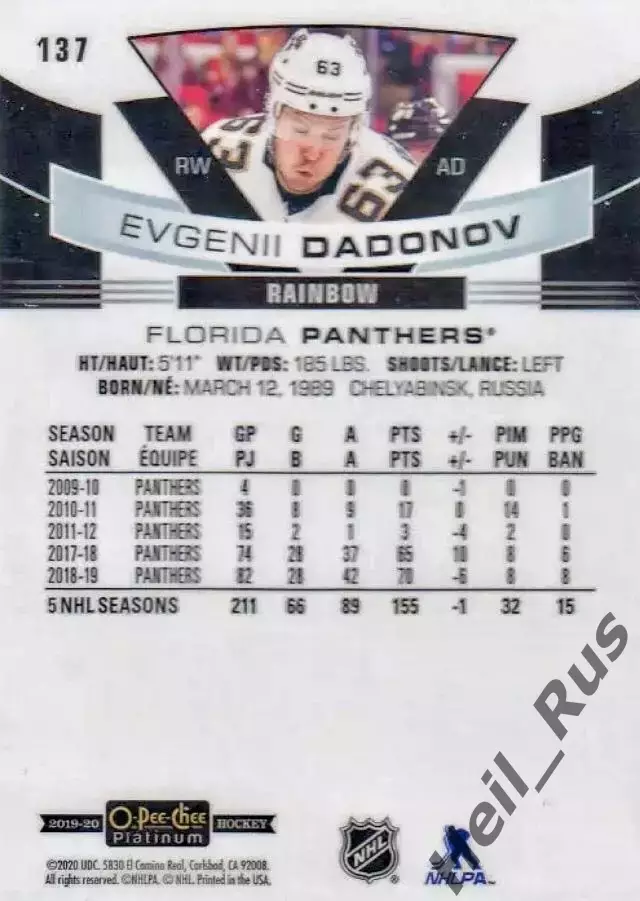 Карточка Евгений Дадонов Florida Panthers/Флорида, Трактор, СКА, Донбасс НХЛ/КХЛ 1