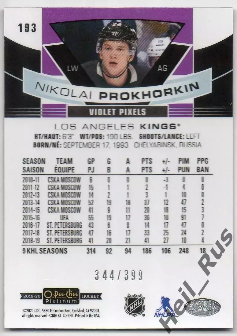 Карточка Николай Прохоркин Лос-Анджелес Кингз, ЦСКА/СКА/Сибирь/Авангард НХЛ, КХЛ 1