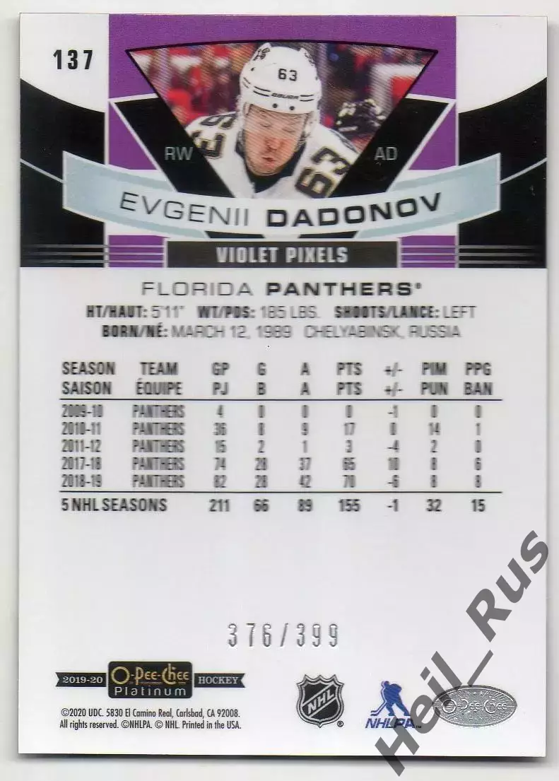 Карточка Евгений Дадонов Florida Panthers/Флорида, СКА, Трактор, Донбасс НХЛ/КХЛ 1