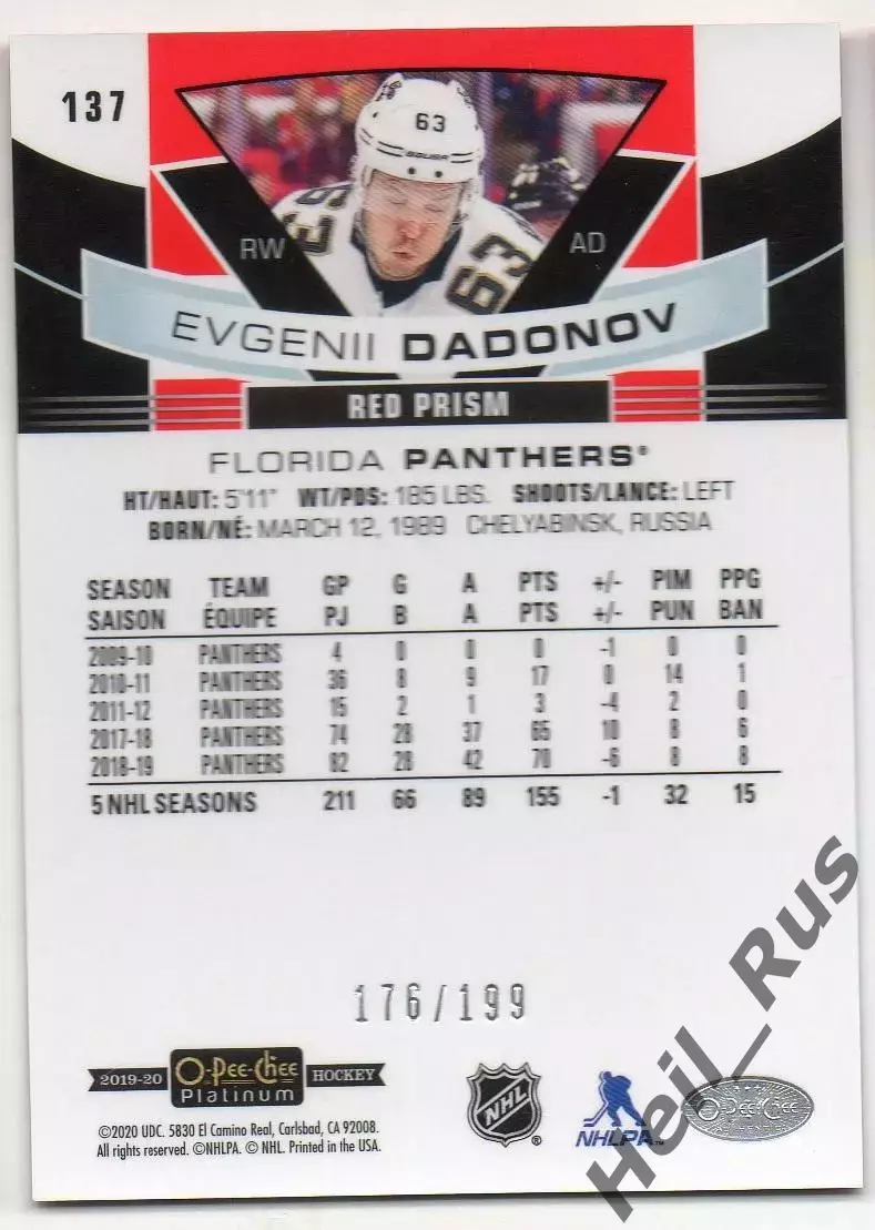 Карточка Евгений Дадонов Florida Panthers/Флорида, СКА, Трактор, Донбасс НХЛ/КХЛ 1