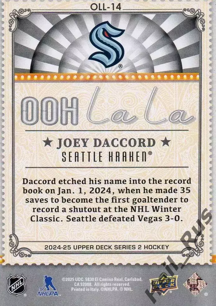 Хоккей. Карточка Joey Daccord/Джоуи Даккор (Seattle Kraken/Сиэтл Кракен) НХЛ/NHL 1