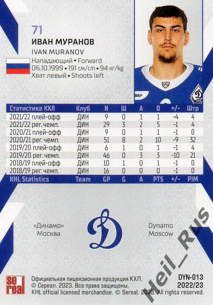 Хоккей. Карточка Иван Муранов (Динамо Москва) КХЛ/KHL сезон 2022/23 SeReal 1