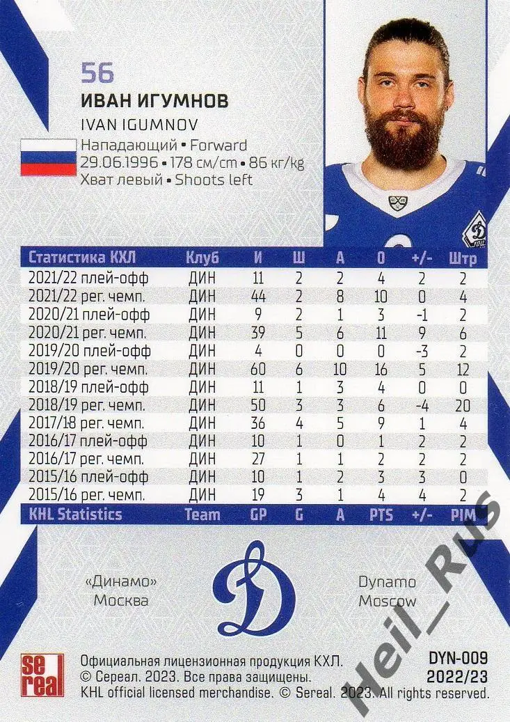 Хоккей. Карточка Иван Игумнов (Динамо Москва) КХЛ/KHL сезон 2022/23 SeReal 1