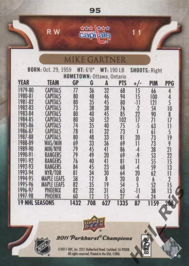 Хоккей. Карточка Mike Gartner/Майк Гартнер Washington Capitals/Вашингтон НХЛ/NHL 1