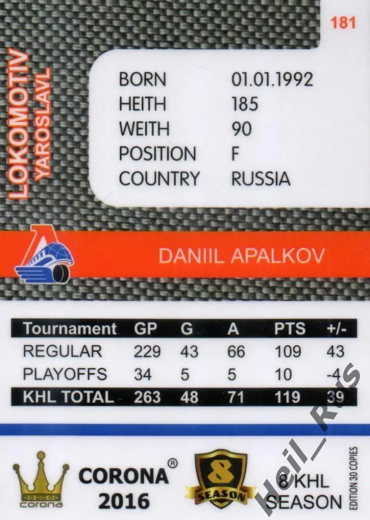 Хоккей. Карточка Даниил Апальков (Локомотив Ярославль) КХЛ/KHL 8 сезон 2015/16 1