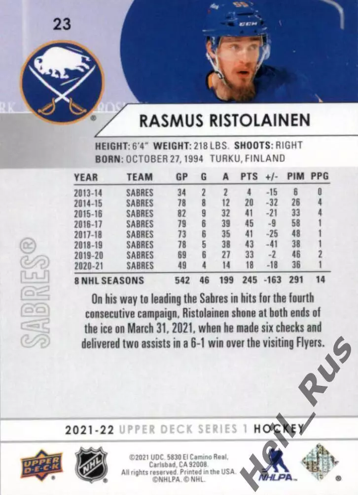 Карточка Rasmus Ristolainen/Расмус Ристолайнен (Buffalo Sabres/Баффало) НХЛ/NHL 1