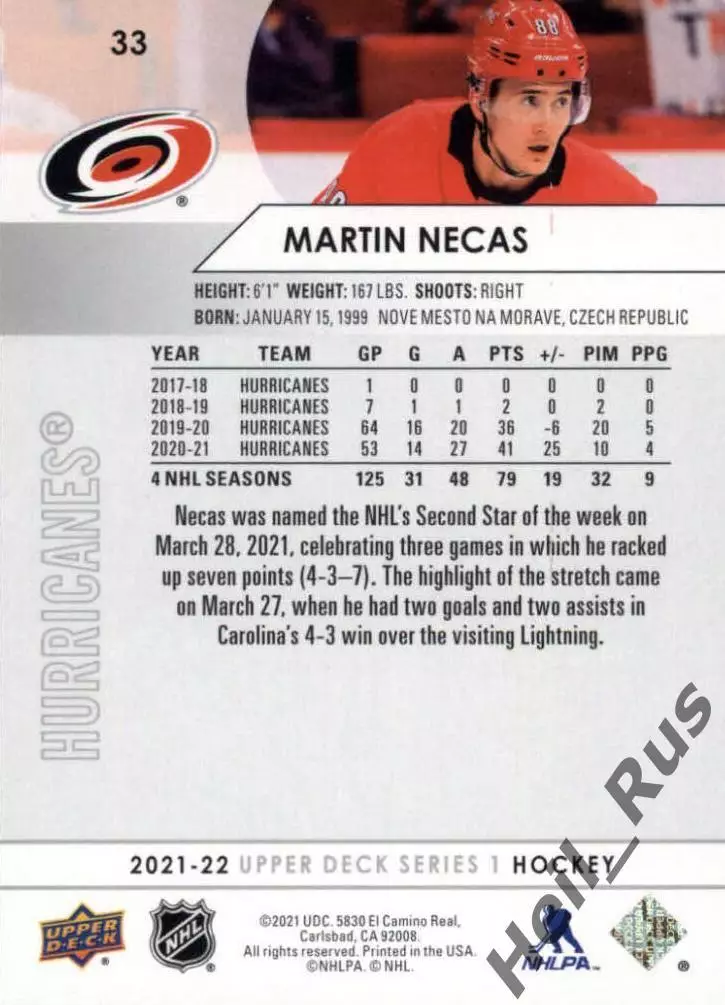 Хоккей. Карточка Martin Necas/Мартин Нечас Carolina Hurricanes/Каролина НХЛ/NHL 1