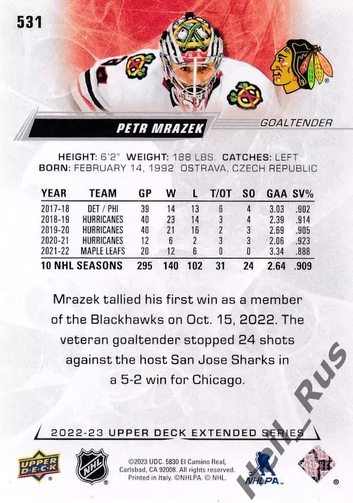 Карточка Petr Mrazek/Петр Мразек (Chicago Blackhawks/Чикаго Блэкхокс) НХЛ/NHL 1