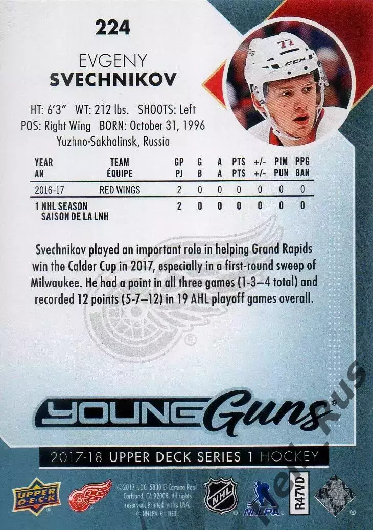 Карточка Евгений Свечников (Детройт Ред Уингз, Ак Барс/Амур/Торпедо) НХЛ/NHL/КХЛ 1