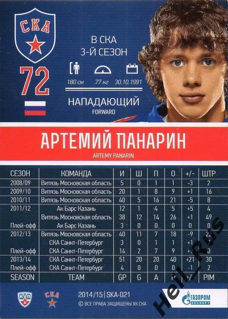 Хоккей Карточка Артемий Панарин СКА Санкт-Петербург КХЛ-KHL сезон 2014/15 SeReal 1