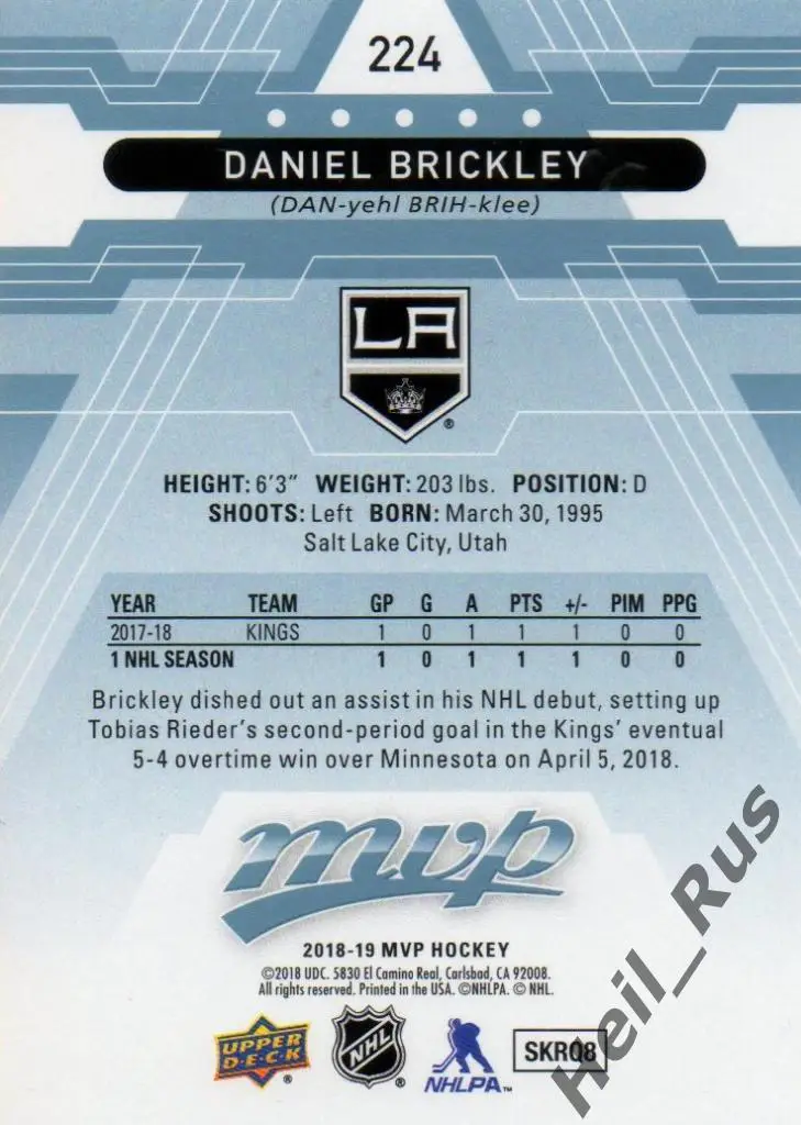 Хоккей Карточка Daniel Brickley/Даниэль Брикли (Los Angeles Kings/Кингз) НХЛ/NHL 1