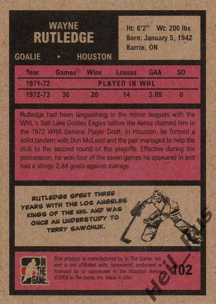 Карточка Wayne Rutledge/Уэйн Ратледж Houston Aeros/Хьюстон Аэрос WHA/ВХА NHL/НХЛ 1